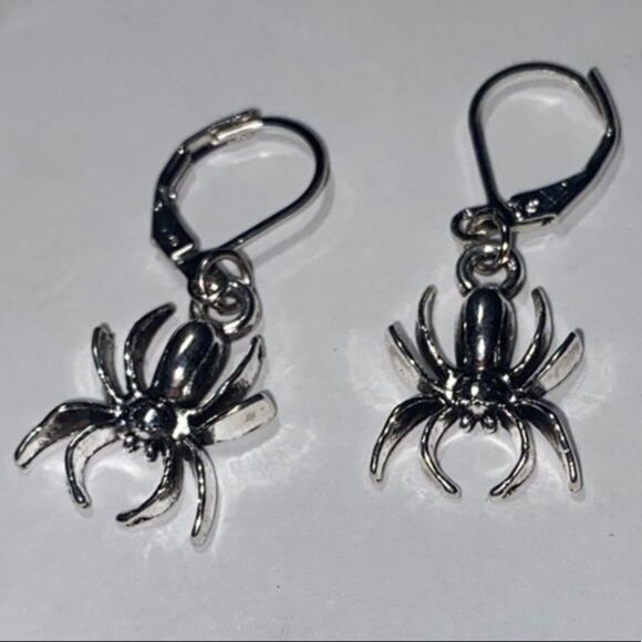Silver Plated Spider Charm, Nickel Free Small Hoop Earrings - Picture 5 of 6